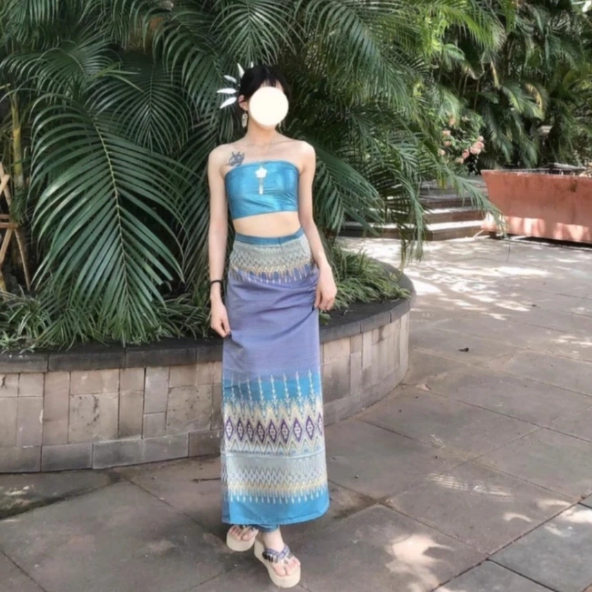 Batik Sarong Wrap - Damskie tajskie stroje tradycyjne, 2-częściowy zestaw,