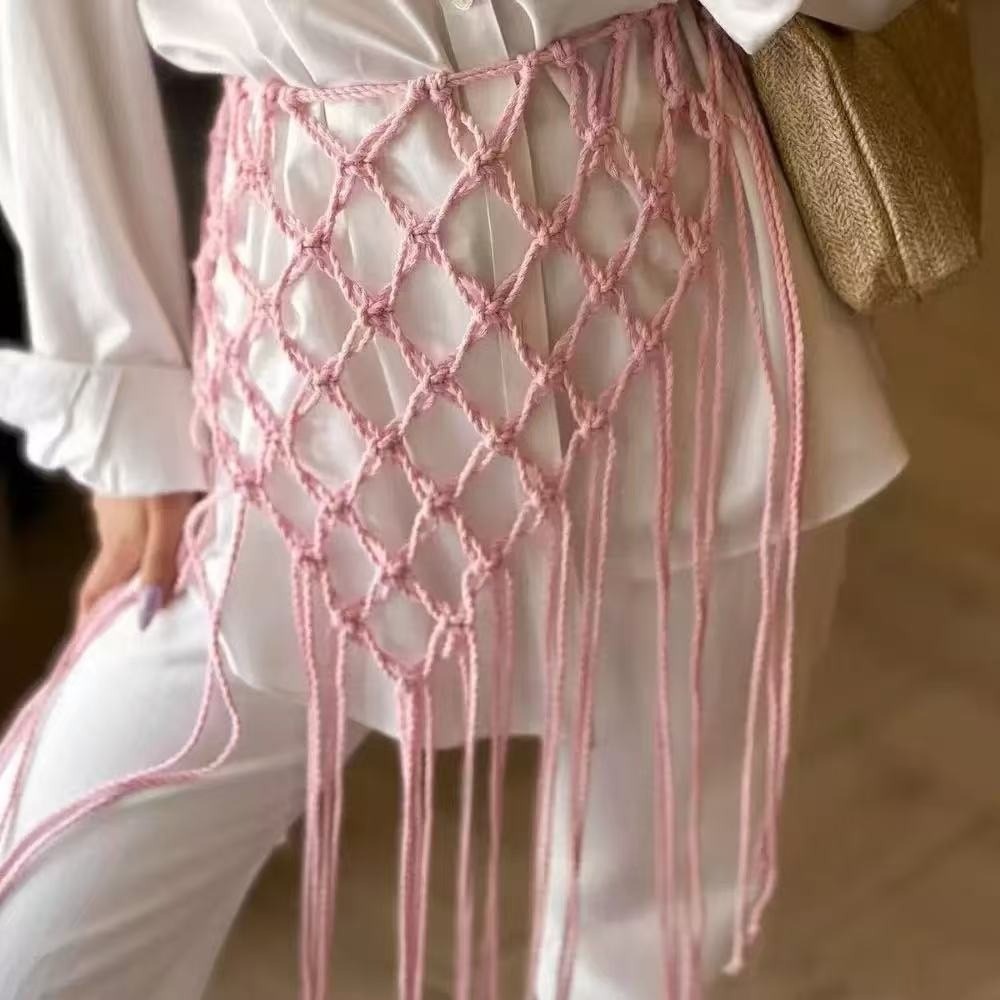 Ethnic Fashion Design - Modny, boho, siateczkowy pas z frędzlami,